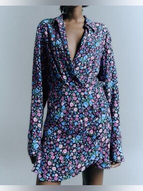 Zara Floral Print Mini Shirt Dress size XXL